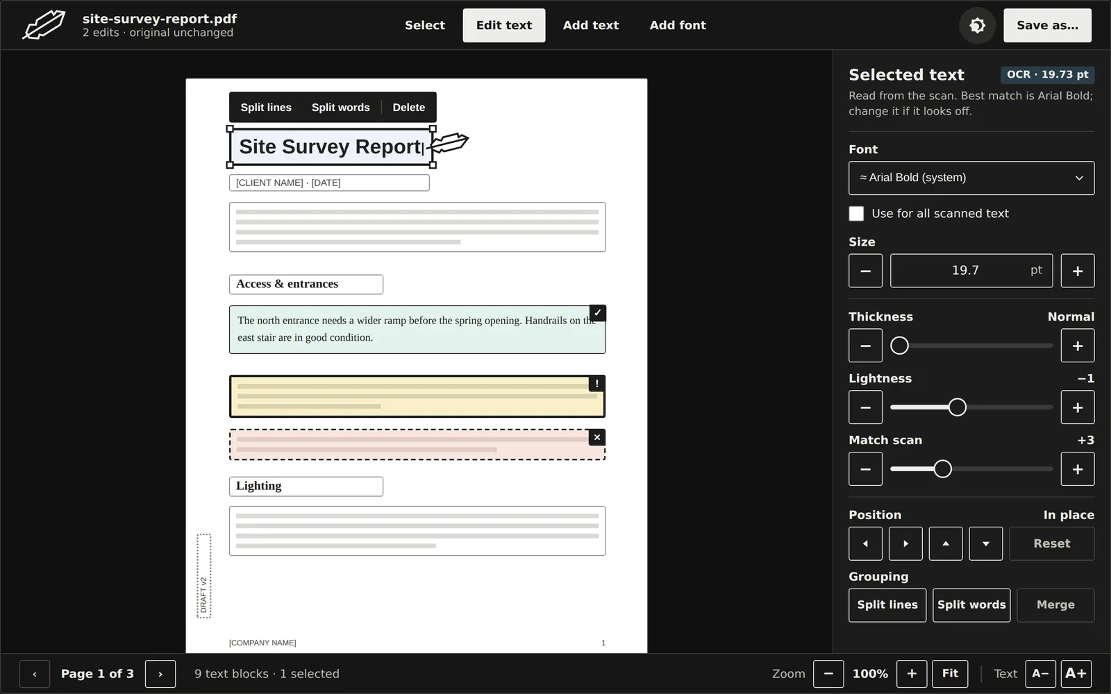 The same SkeletonPDF editing screen in dark mode.