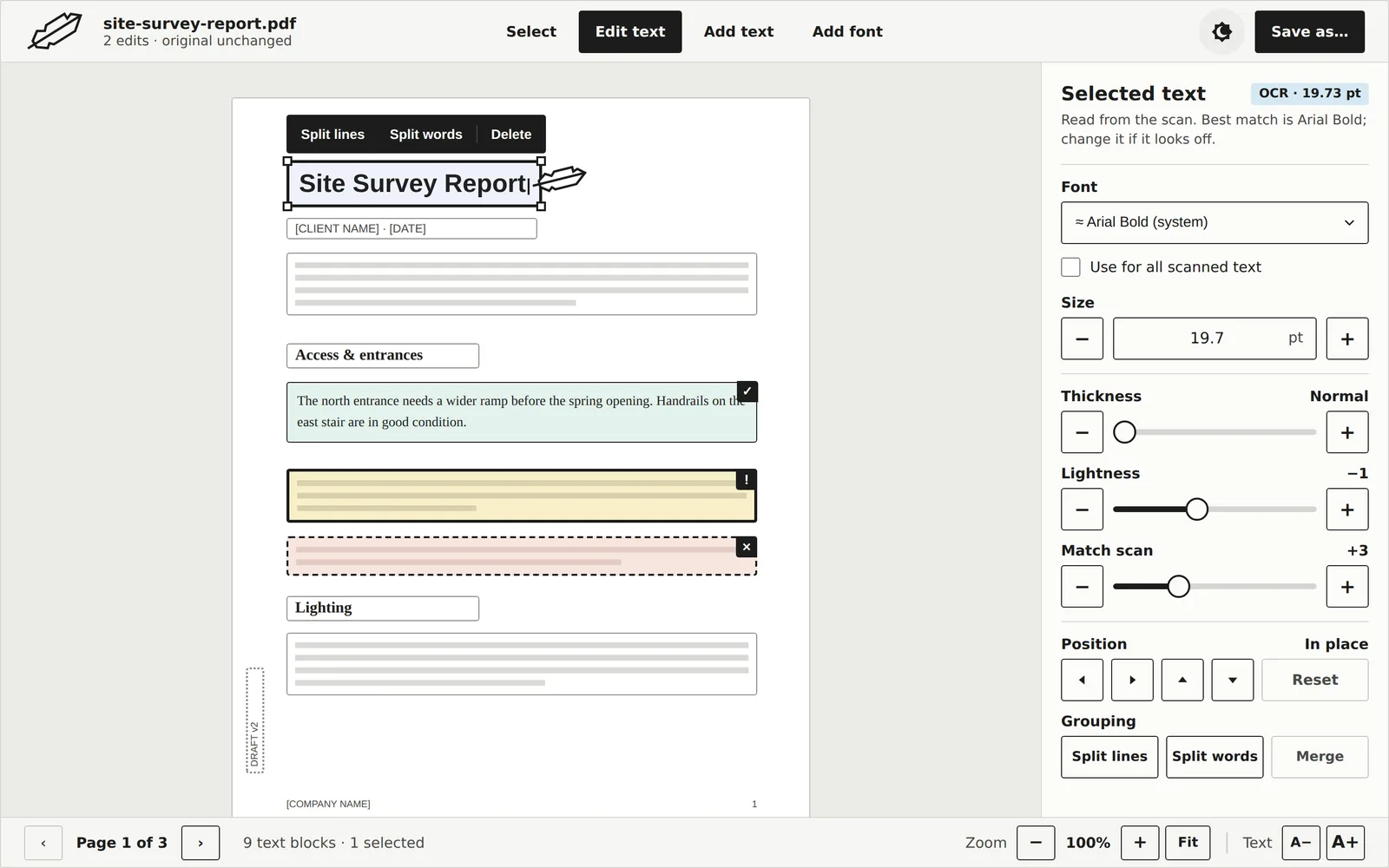 SkeletonPDF editing a PDF: the title 'Site Survey Report' is selected on the page, with font, size, thickness, lightness and position settings in the side panel.